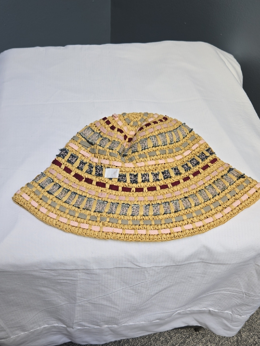 Kangol Yellow Woven Sun Bucket Hat with Pink & Burgundy Stripes